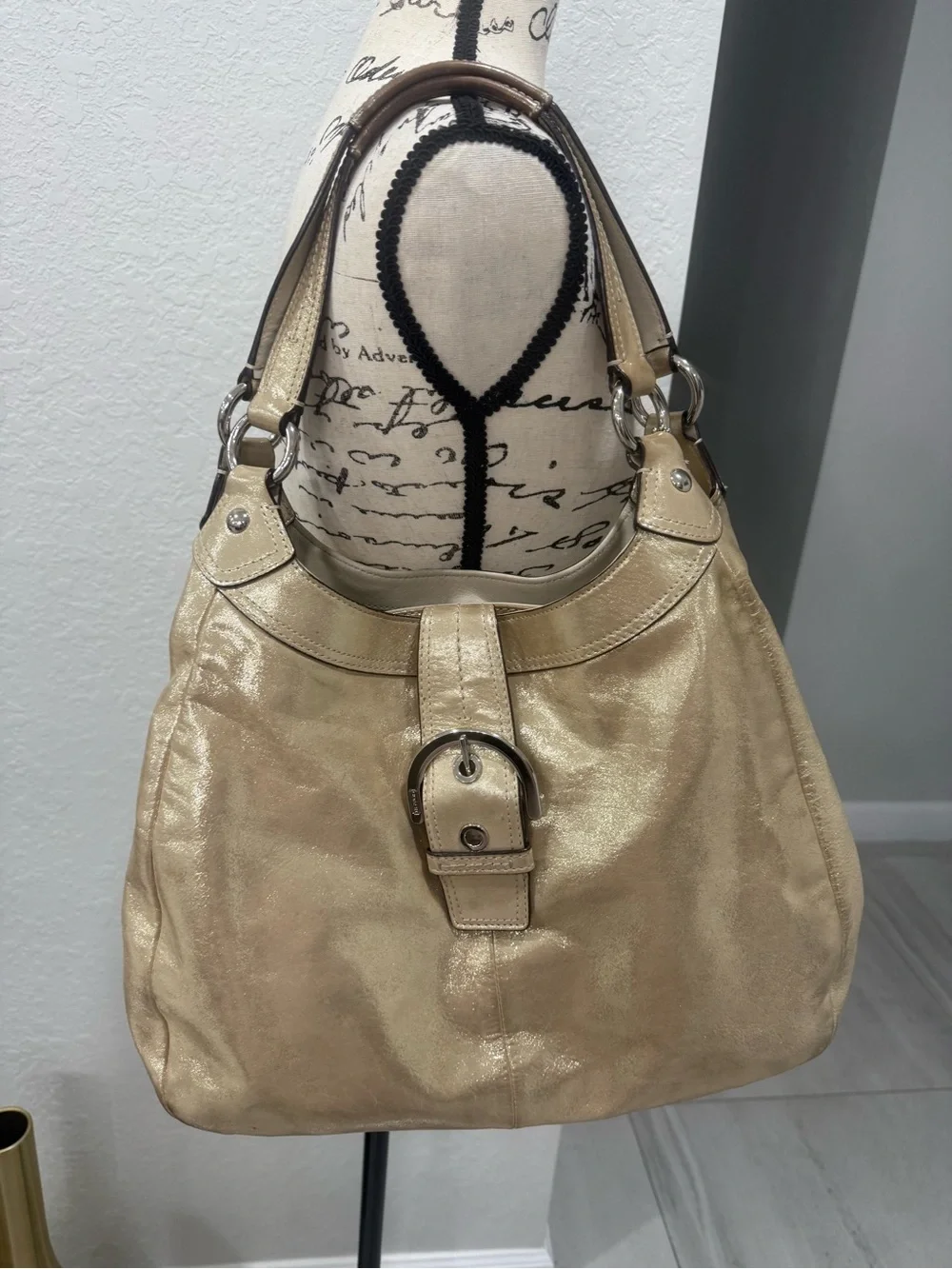 Coach Metallic Gold Leather Hobo Shoulder Bag Large Buckle Silver Hardware